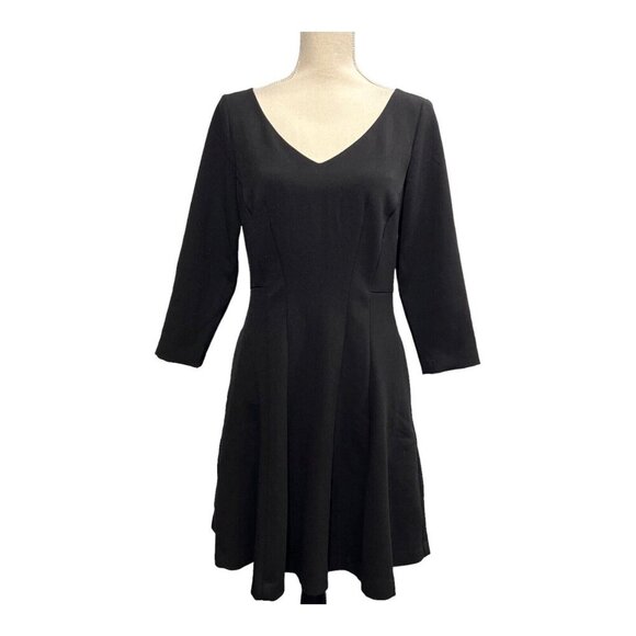 Ann Taylor Womens 6 Black Midi Shift‎ Dress Stretch LBD Office Career V Neck Zip - Picture 1 of 12